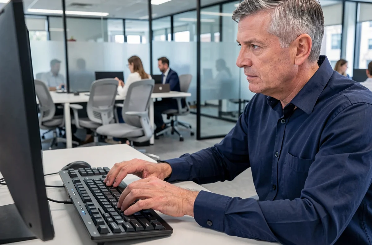 Homme utilisant les combinaisons de touches Ctrl et Alt sur un clavier d'ordinateur de bureau en bureau professionnel