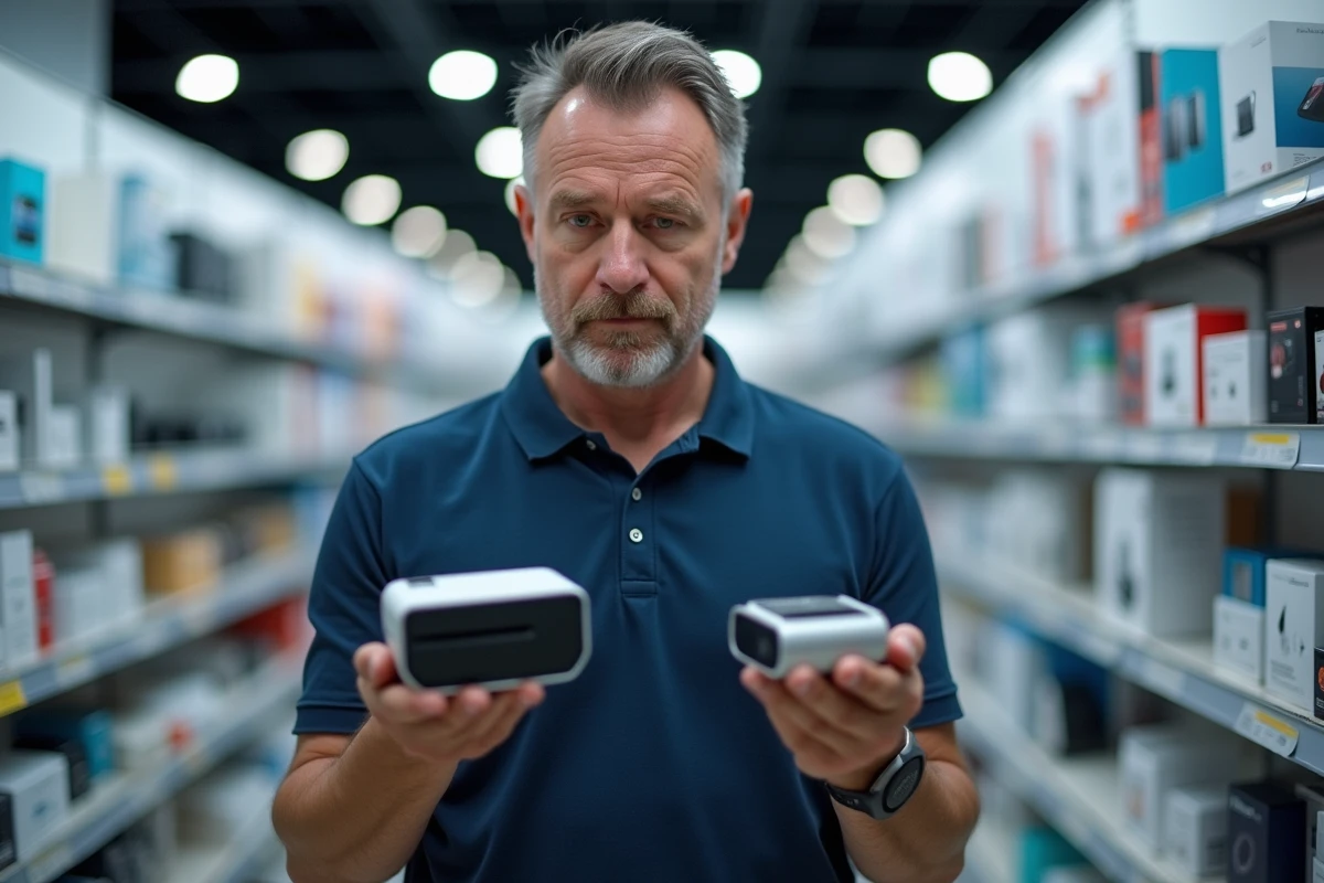 Homme comparant deux imprimantes mini portables dans un magasin d'électronique avant d'effectuer son achat