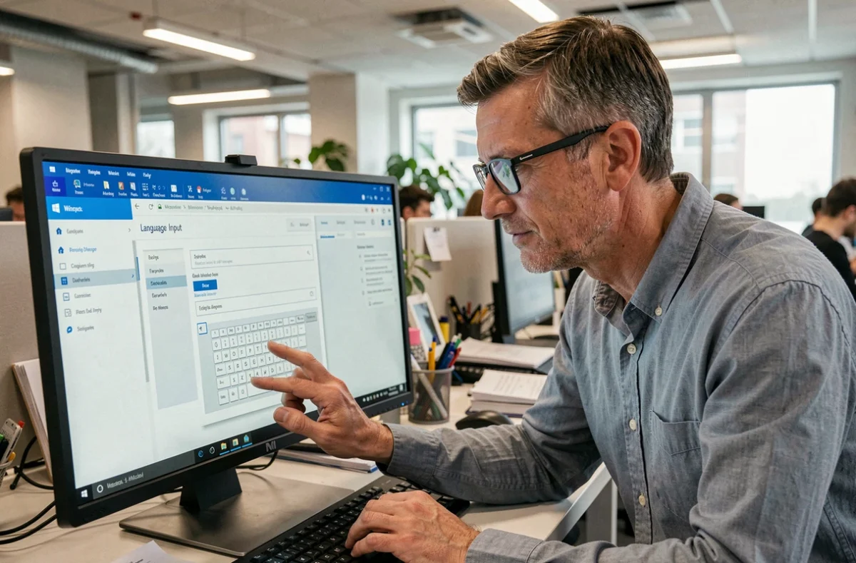 Homme en train de configurer les paramètres de langue et de clavier sur un PC Windows pour résoudre un problème d'arobase