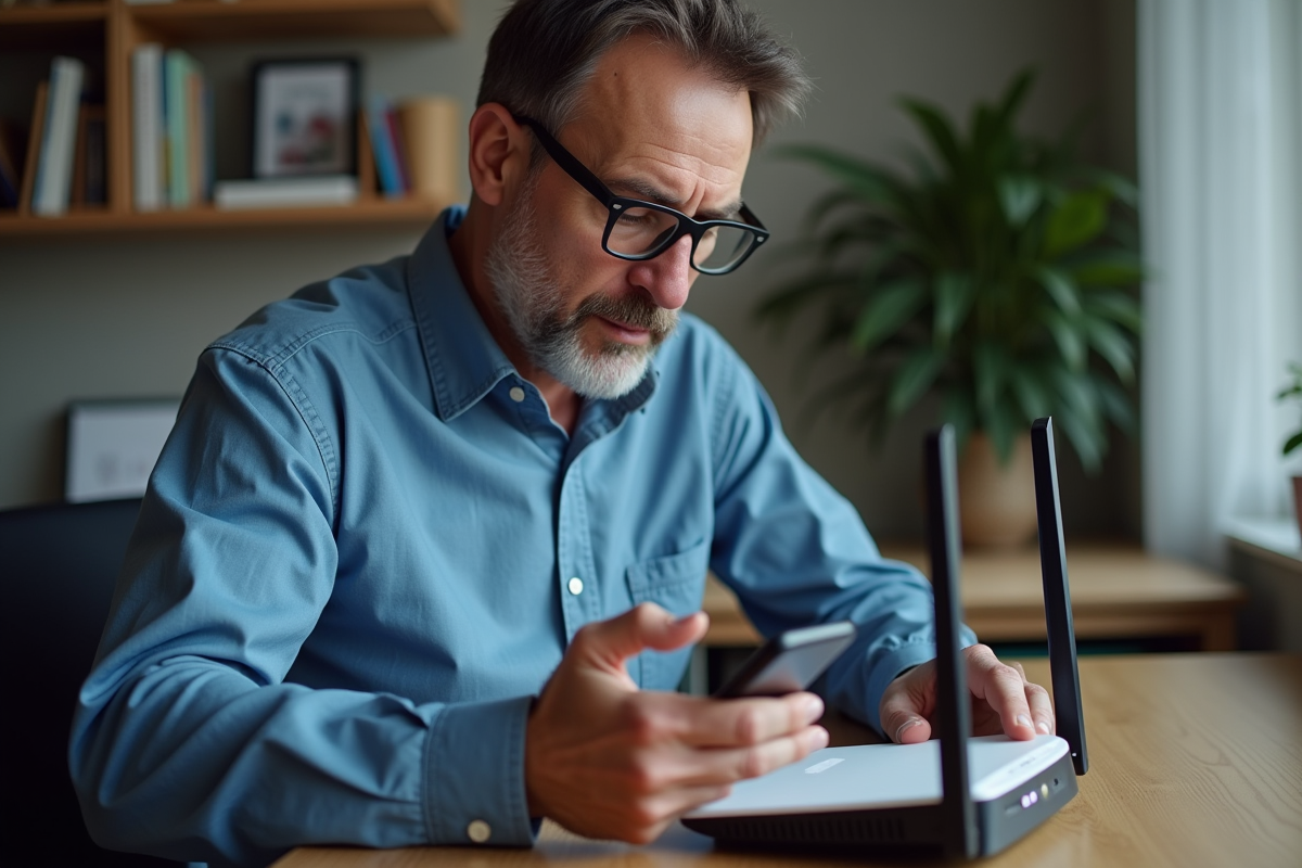 Homme d'âge moyen vérifiant un routeur internet moderne dans un bureau