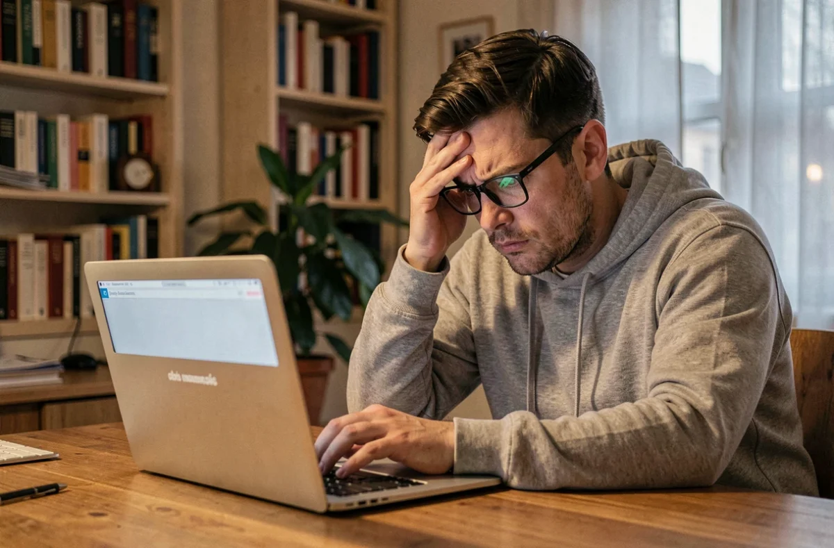Homme frustré devant son ordinateur affichant une erreur Freebox 20 FF le soir à domicile