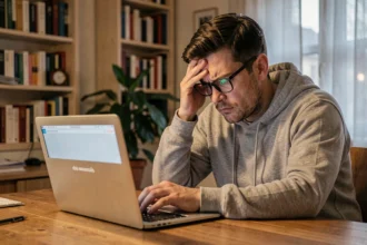 Homme frustré devant son ordinateur affichant une erreur Freebox 20 FF le soir à domicile