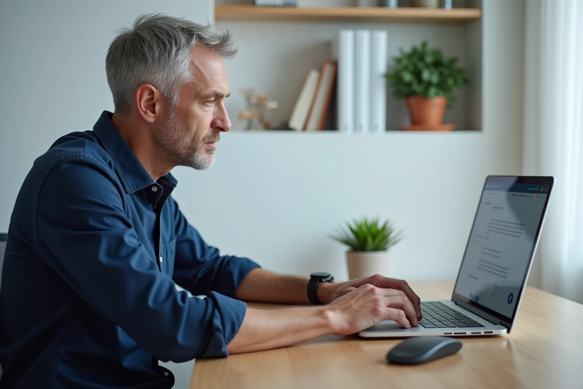 Homme gérant ses contacts Messenger depuis un ordinateur portable à son bureau