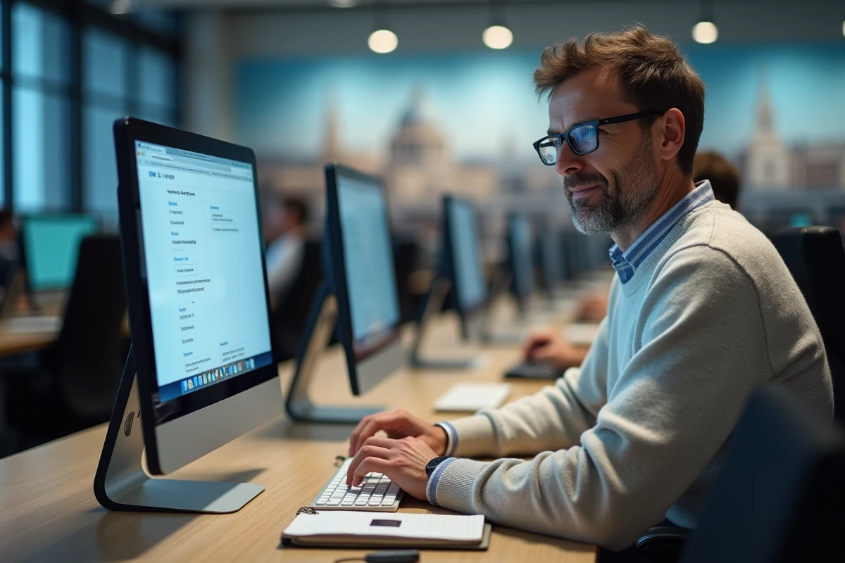 Homme en laboratoire informatique avec webmail français et clés USB