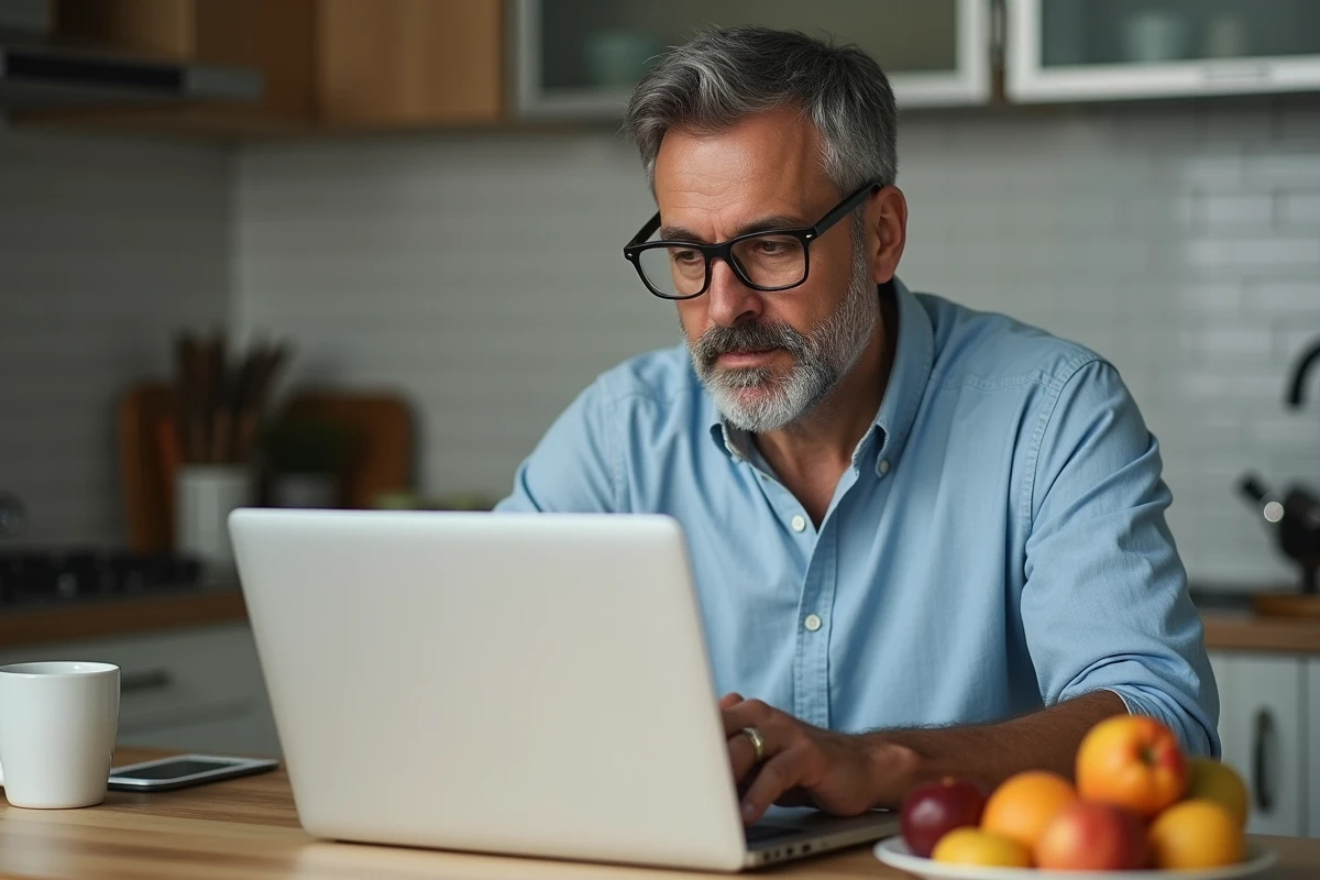 Homme utilisant un antivirus sur son ordinateur dans la cuisine