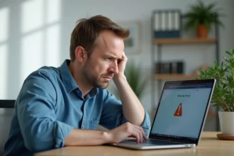 Homme d'âge moyen fâché devant son ordinateur en bureau
