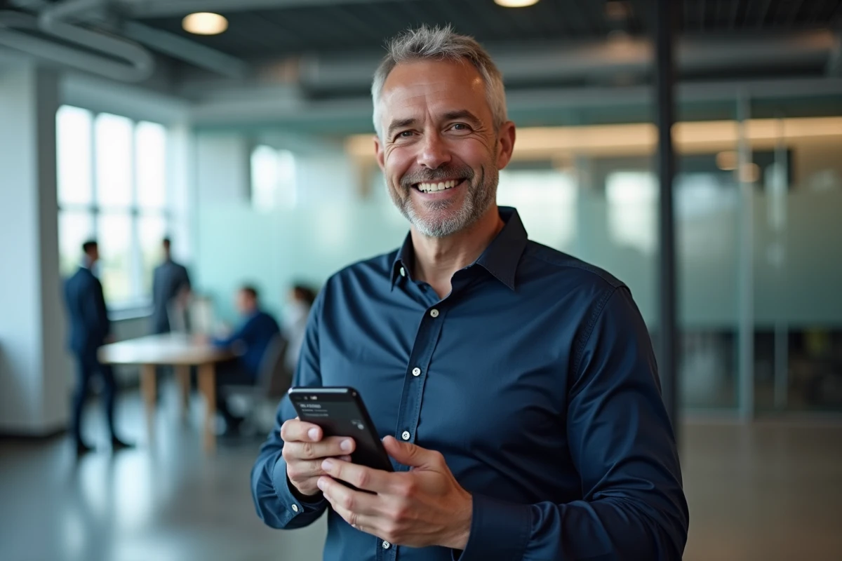 Homme professionnel consultant les préférences de notifications de son compte Primobox sur smartphone au bureau