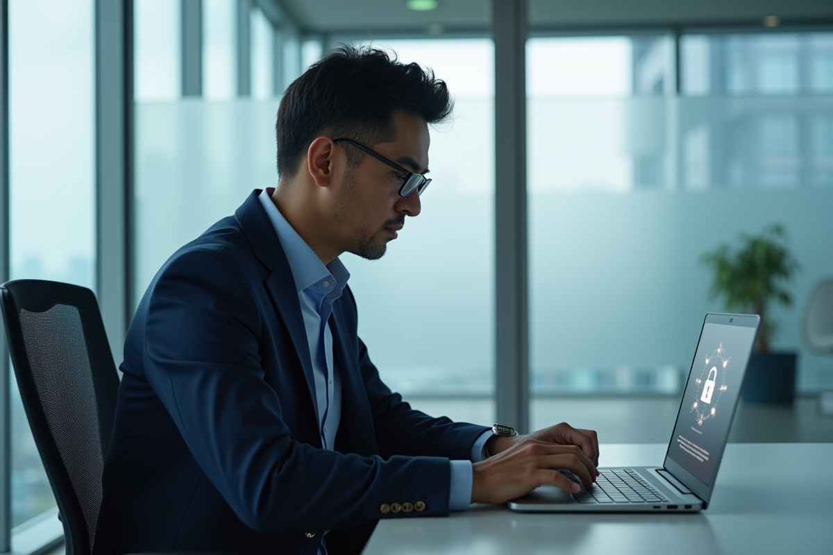 Homme d'affaires travaillant sur ordinateur securite informatique