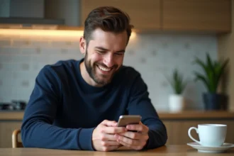 Homme en pull bleu utilisant son smartphone à la maison