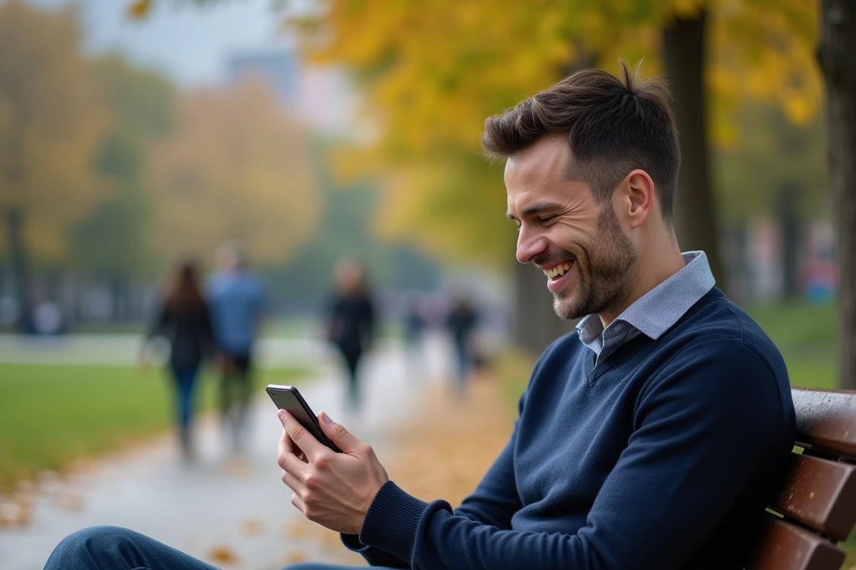 Homme souriant regarde son smartphone dans un parc urbain