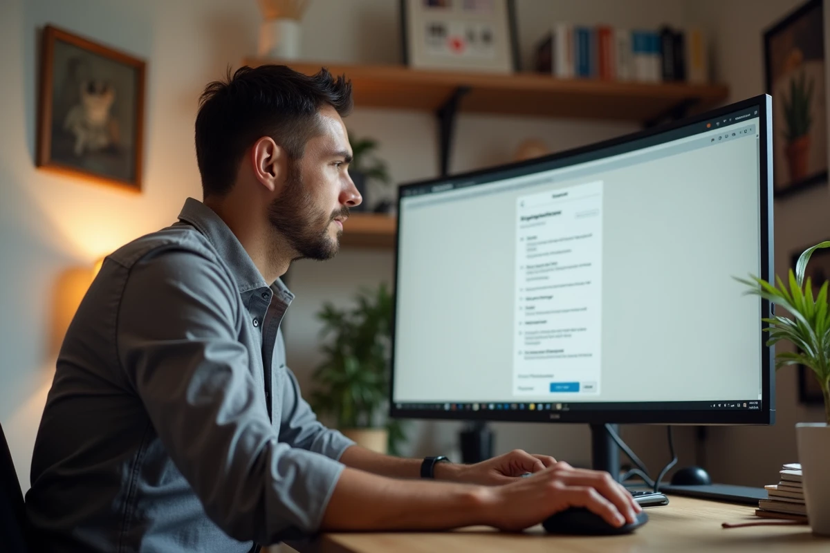 Homme en télétravail paramétrant les réglages de signature professionnelle sur un webmail 1and1 depuis son bureau à domicile