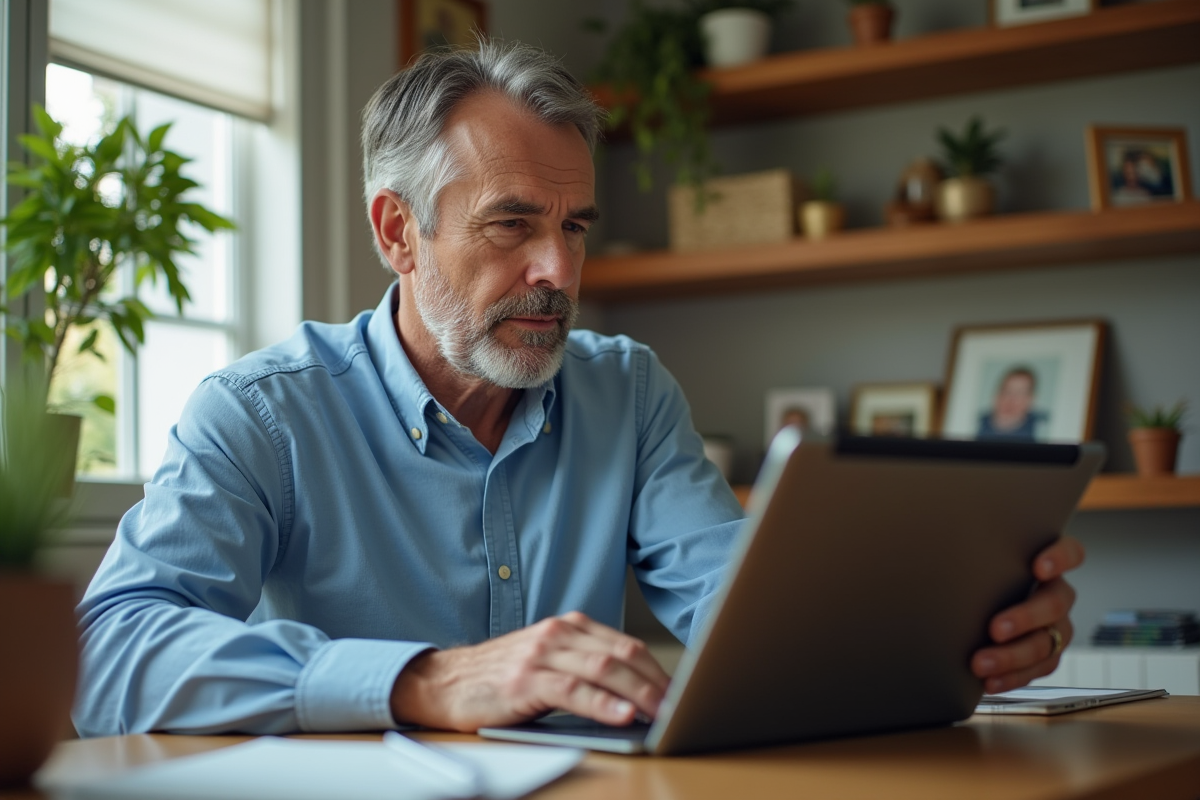 Homme détendu travaillant sur une tablette dans un espace cosy