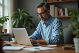 Homme d'âge moyen travaillant sur un laptop dans un bureau à domicile