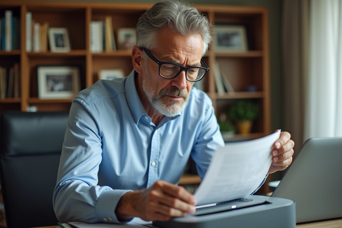 Homme en tenue décontractée scanne des documents dans un bureau