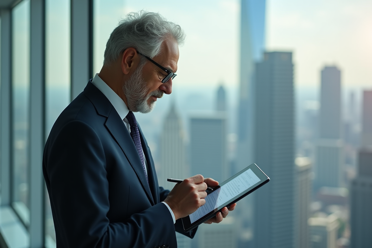 Homme d age avancé utilisant une tablette pour sécuriser un PDF
