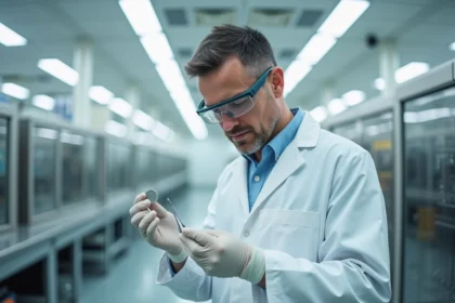 Ingénieur en salle blanche manipulant un wafer de silicium avec des pinces de précision dans une entreprise spécialisée en microsystèmes