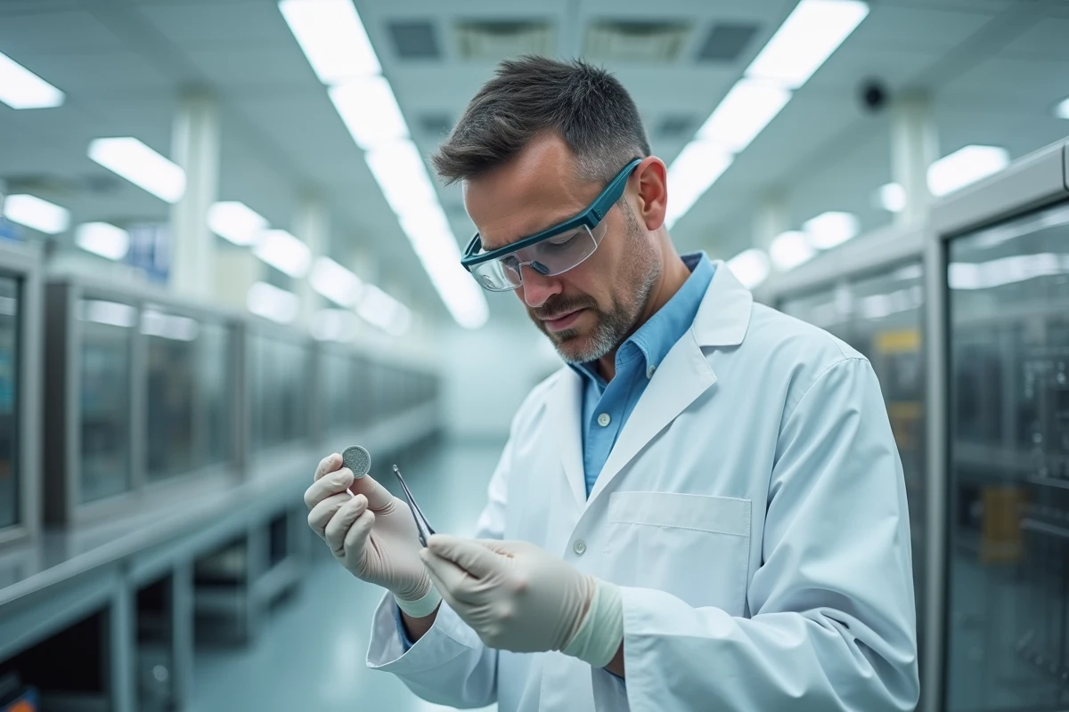 Ingénieur en salle blanche manipulant un wafer de silicium avec des pinces de précision dans une entreprise spécialisée en microsystèmes