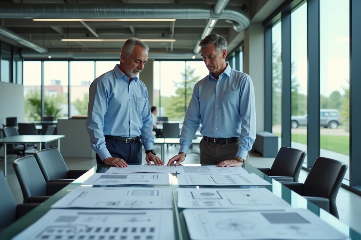 Deux ingénieurs collaborant sur des plans de dispositifs MEMS et microsystèmes dans les bureaux modernes d'une entreprise technologique innovante