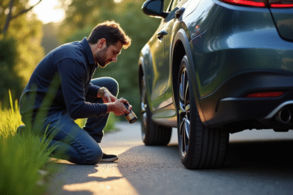 Homme inspectant une voiture pour un traceur GPS
