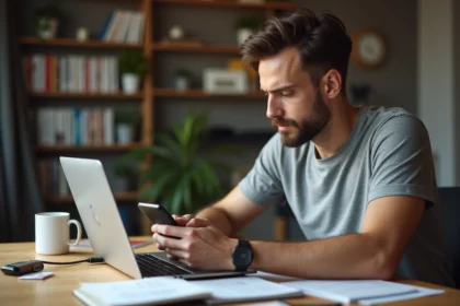 Homme connectant un smartphone Android à un ordinateur portable par câble USB pour transférer un fichier APK volumineux
