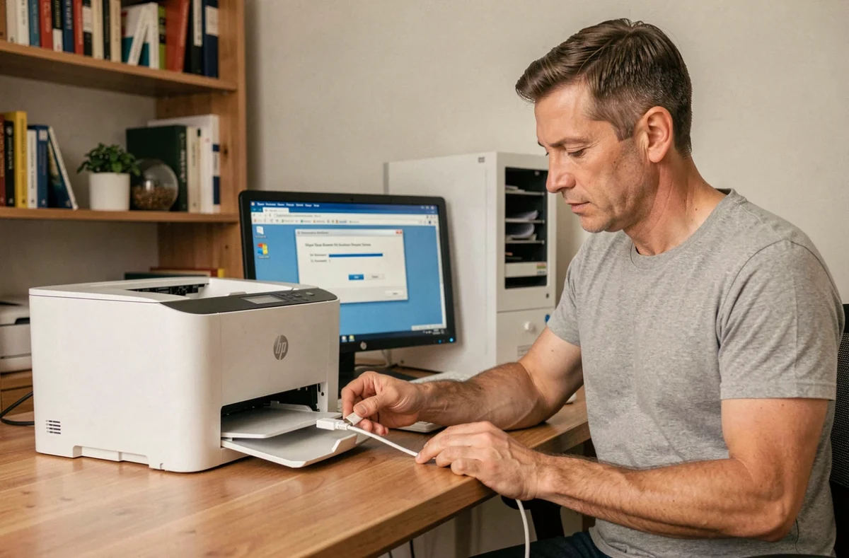 Homme connectant un câble USB à une imprimante HP sur un bureau à domicile lors de l'installation