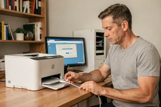 Homme connectant un câble USB à une imprimante HP sur un bureau à domicile lors de l'installation