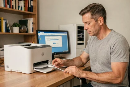 Homme connectant un câble USB à une imprimante HP sur un bureau à domicile lors de l'installation