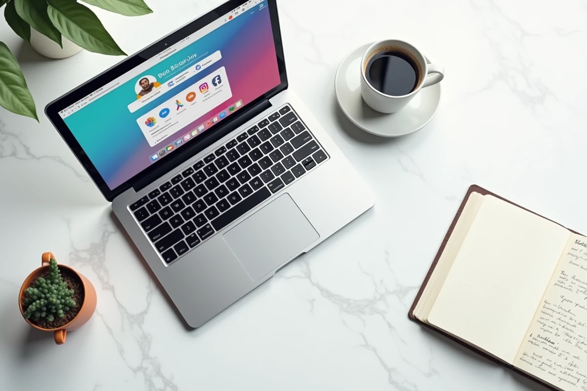 Interface de page bio Beacons affichée sur un ordinateur portable avec carnet de notes et café sur bureau en marbre