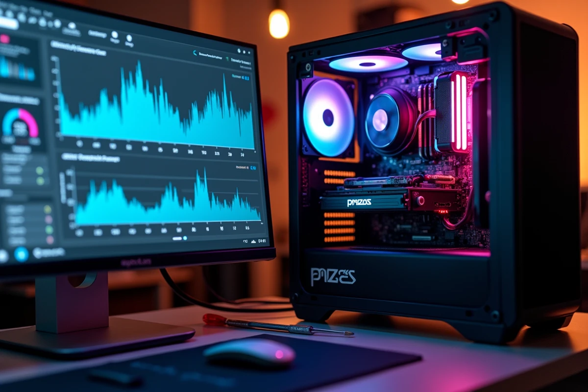 Intérieur d'un PC gaming ouvert avec tableau de bord logiciel de performance affiché sur écran de bureau