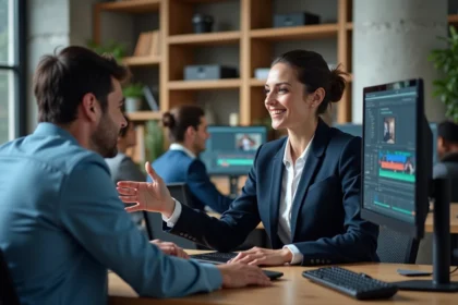 Équipe interne d'expertise multimédia travaillant sur des projets de production vidéo et de design dans un bureau moderne en open space