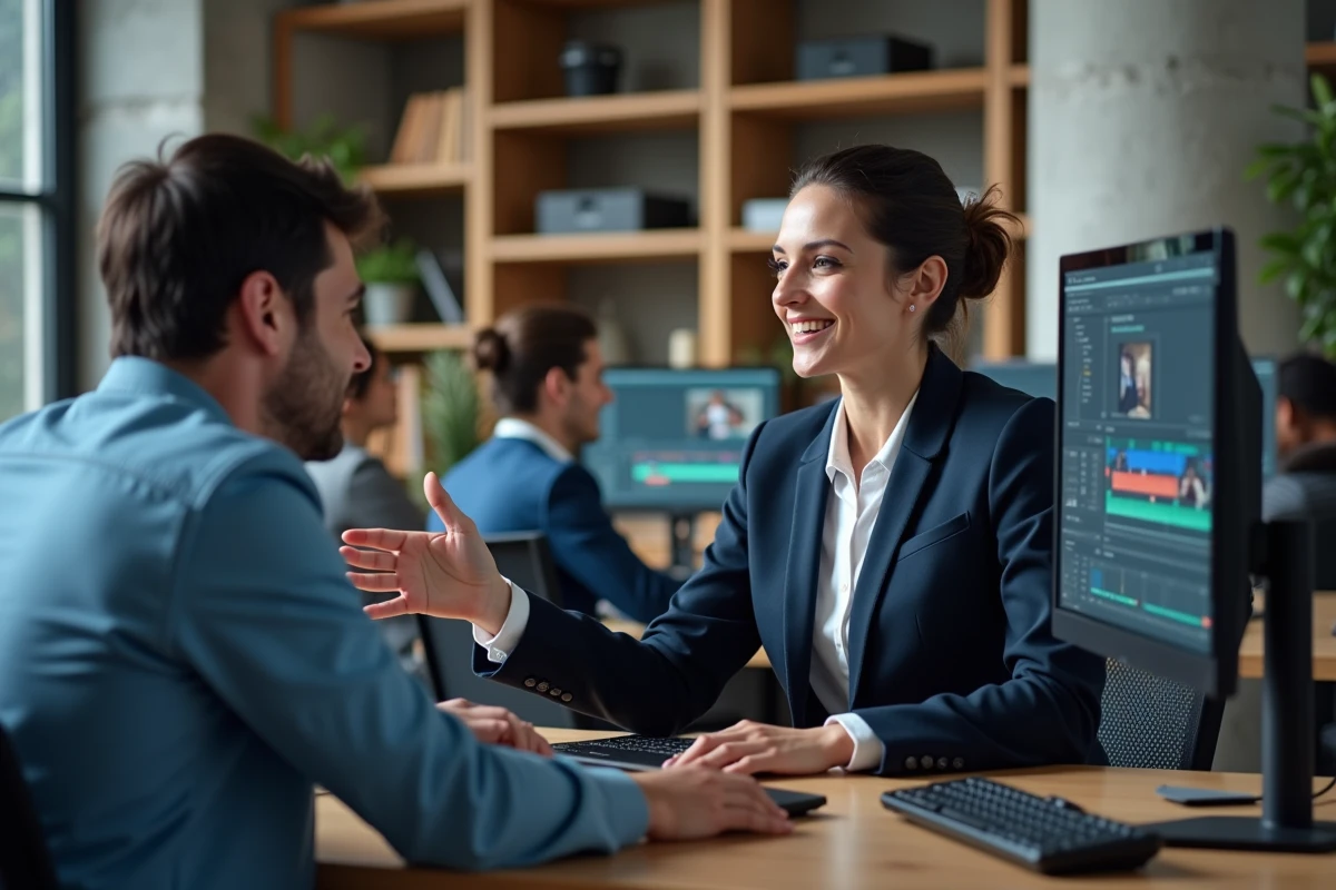 Équipe interne d'expertise multimédia travaillant sur des projets de production vidéo et de design dans un bureau moderne en open space