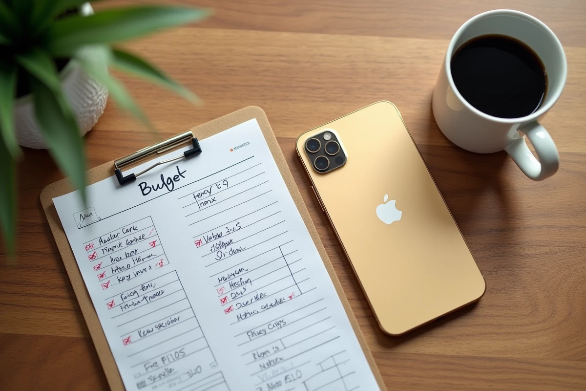 iPhone 14 Pro gold posé sur un bureau avec une liste de budget pour économiser sur l'achat