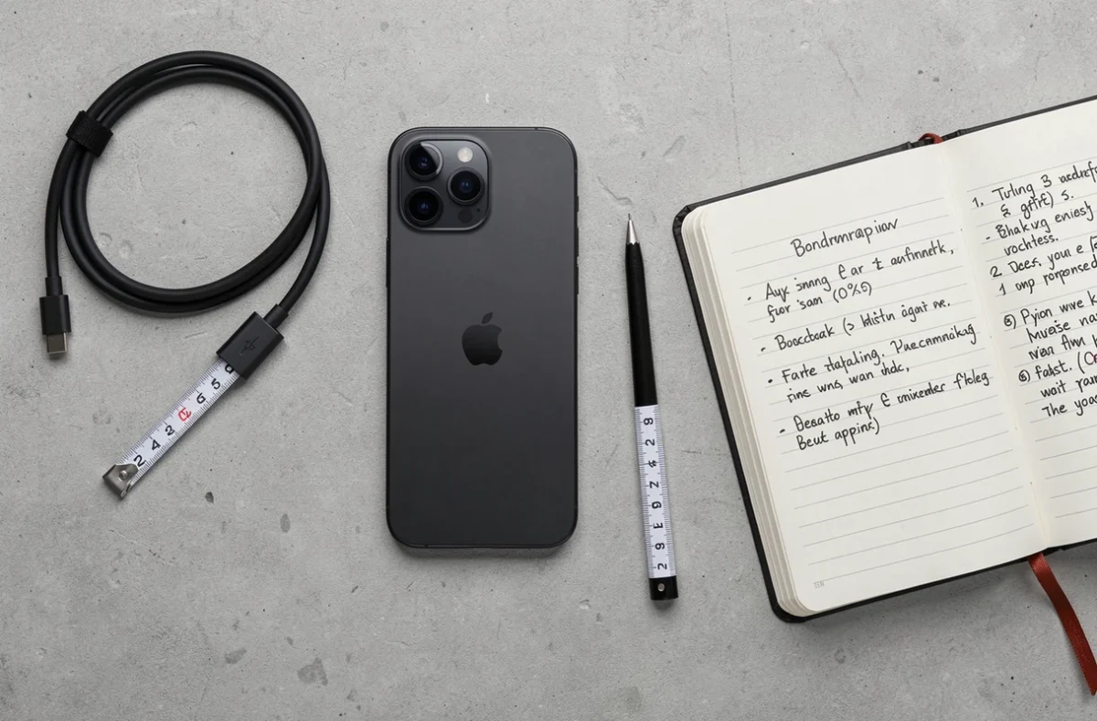 iPhone 15 posé à plat sur béton avec câble USB-C et notes de test manuscrites, vue de dessus
