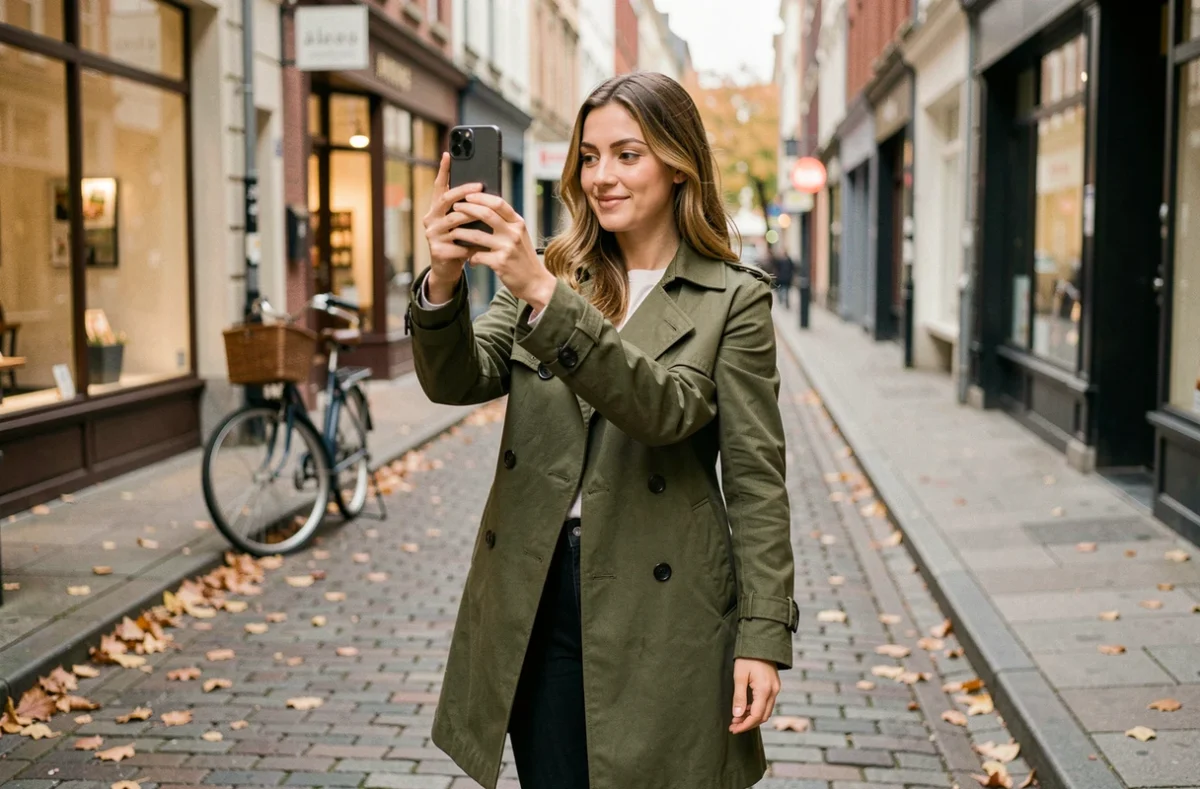 Femme utilisant l'appareil photo de l'iPhone 15 dans une rue pavée en ville à l'automne