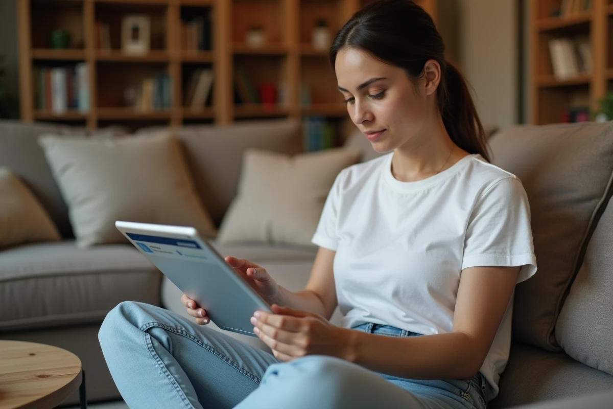 Jeune femme consultant et organisant sa boîte mail webmail sur tablette depuis son salon