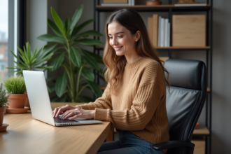 Jeune femme au bureau à domicile en train de taper sur son ordinateur
