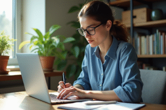 Jeune femme concentrée travaillant sur un ordinateur dans un bureau lumineux