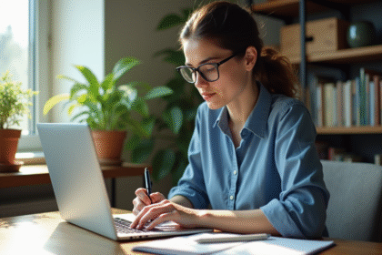 Jeune femme concentrée travaillant sur un ordinateur dans un bureau lumineux