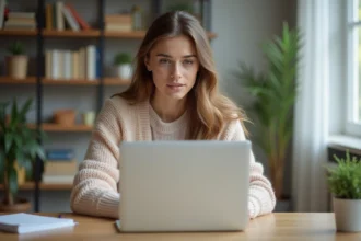 Jeune femme concentrée devant son ordinateur dans un appartement moderne