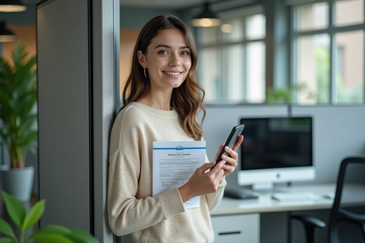 Jeune femme tenant un certificat de licence au bureau