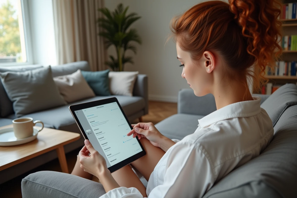 Jeune femme configurant ses préférences et notifications de compte MyPrimobox sur tablette depuis son salon