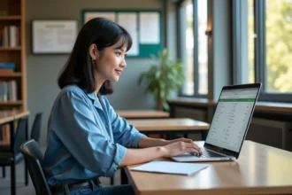 Jeune femme étudiante souriante sur son ordinateur dans une salle moderne