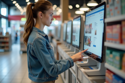 Jeune femme en denim utilisant une imprimante en supermarche