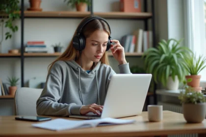 Jeune femme avec casque écouteurs dans un appartement moderne