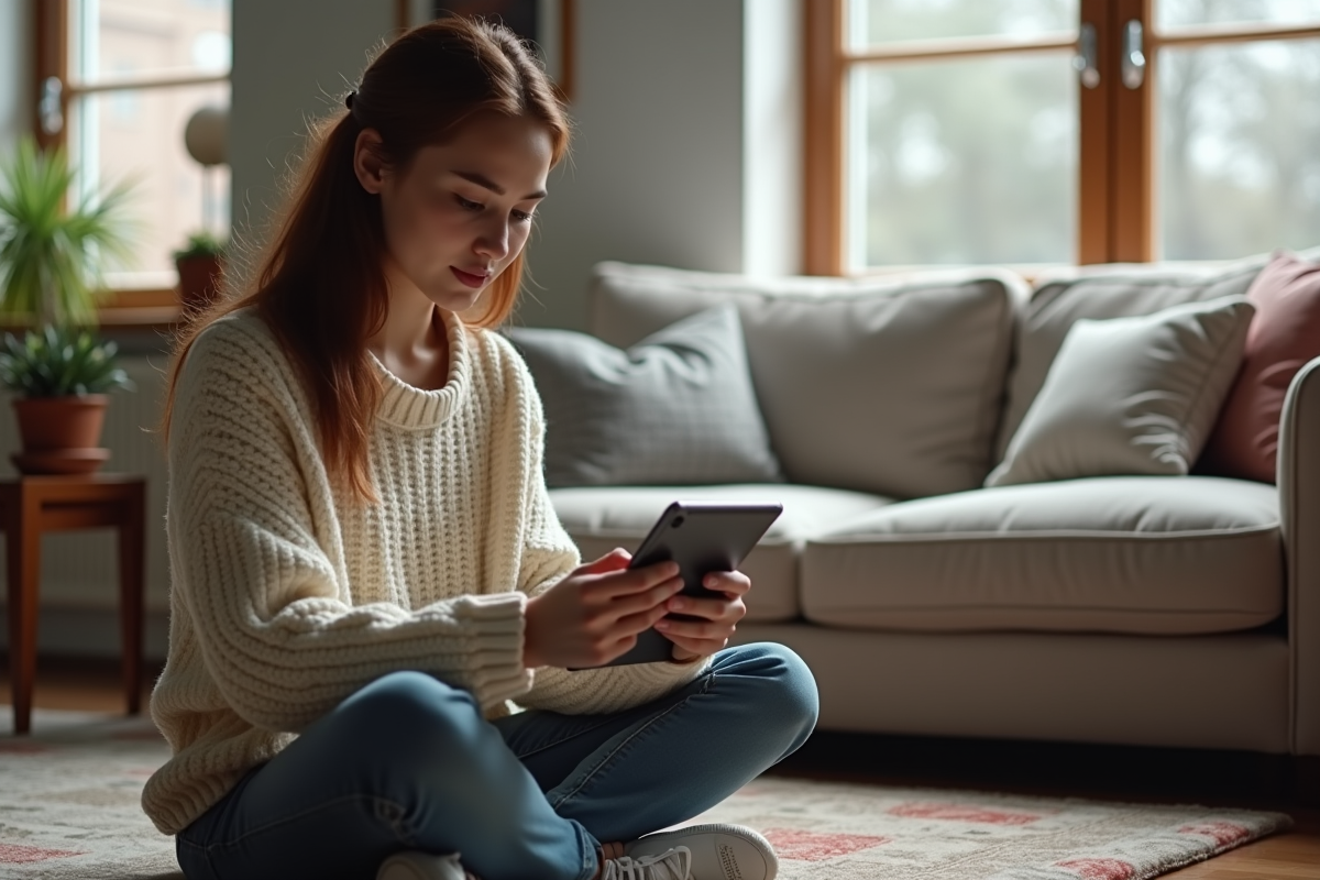 Jeune femme avec un pull cosy utilisant une tablette dans le salon
