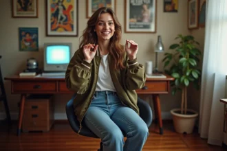Jeune femme en bomber vintage dans un bureau rétro