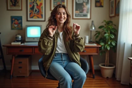 Jeune femme en bomber vintage dans un bureau rétro