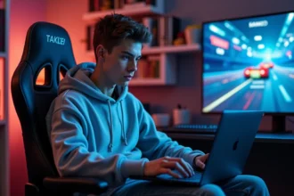 Jeune homme concentré sur son gaming laptop dans une chambre moderne
