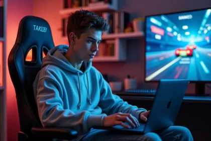 Jeune homme concentré sur son gaming laptop dans une chambre moderne