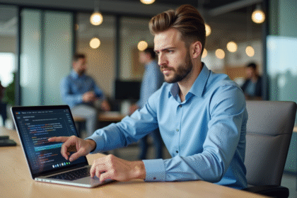 Jeune homme d'affaires en bureau regardant un flux de redirection URL